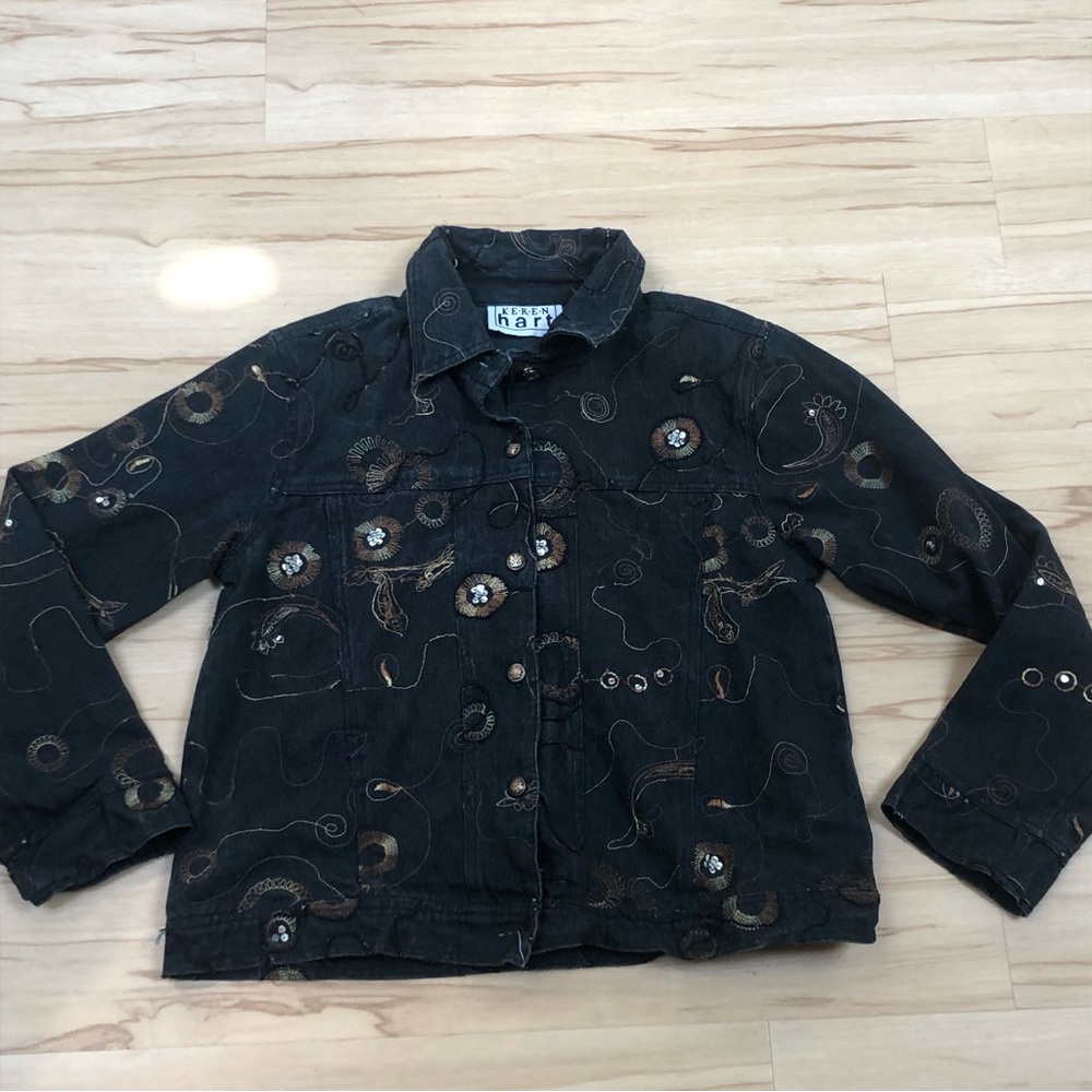 Keren Hart Black & Brown Embroidered Sequin Denim‎ Jacket Small